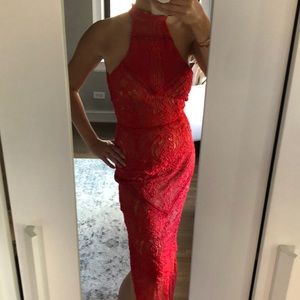 Winona Red lace halter gown